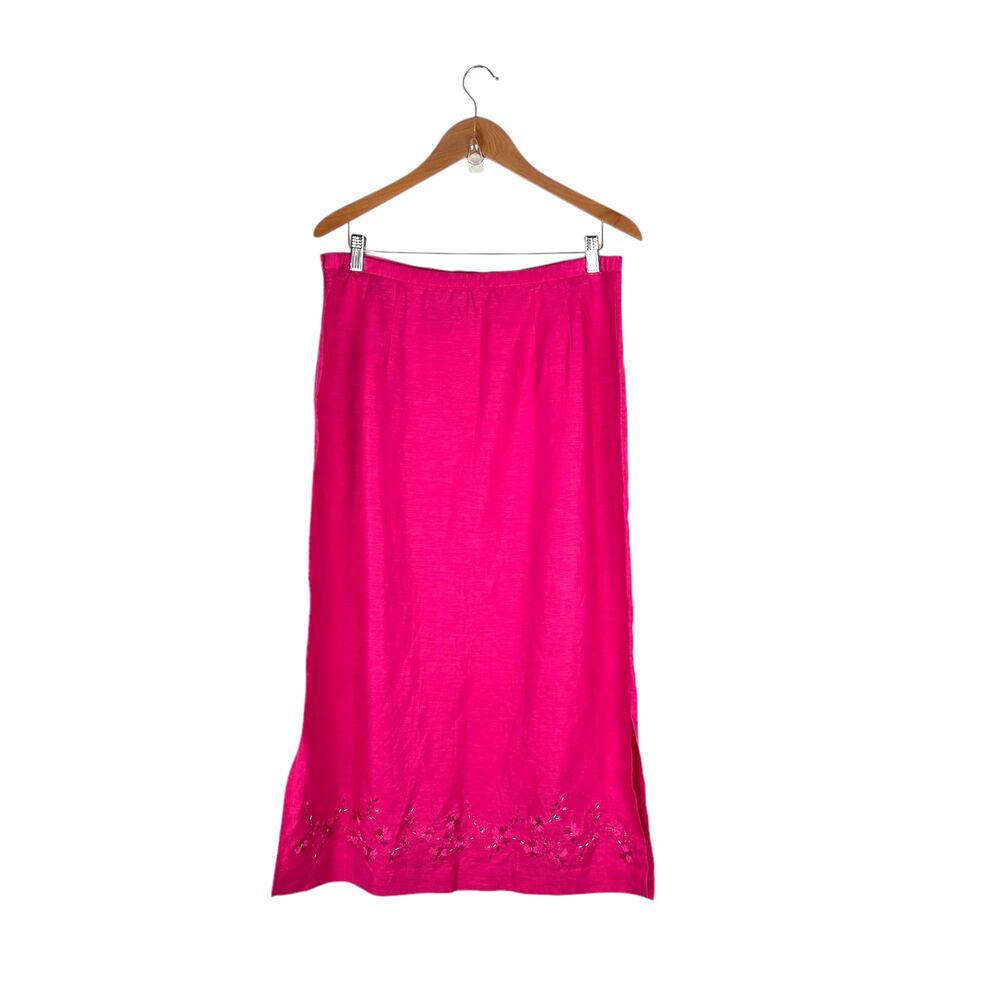 Vintage Laura Scott Hot Pink Linen Blend Midi Pencil Skirt Bead Embroidery Sz 14
